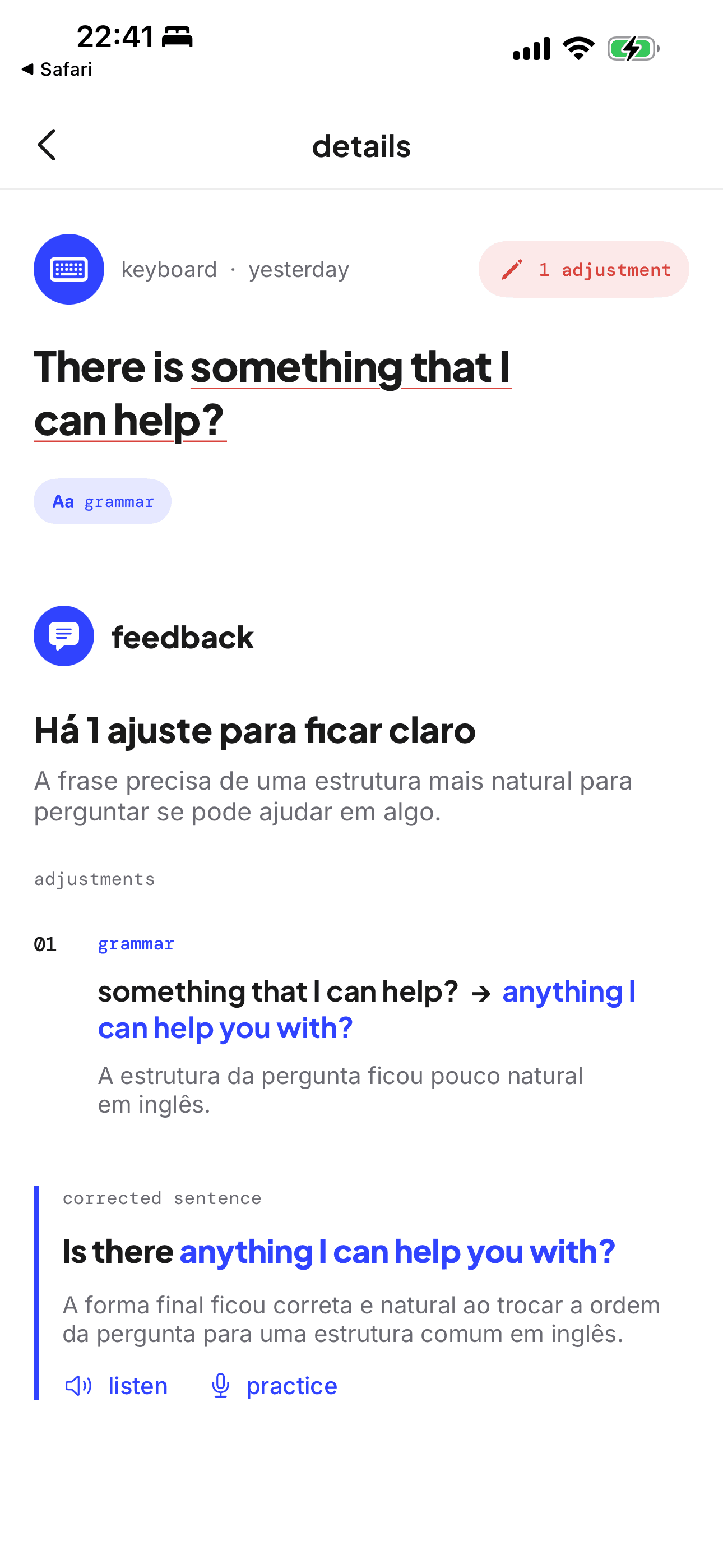 Matraca screen showing an English correction, an explanation, and options to listen to and practice the sentence. The explanation is shown in Portuguese.
