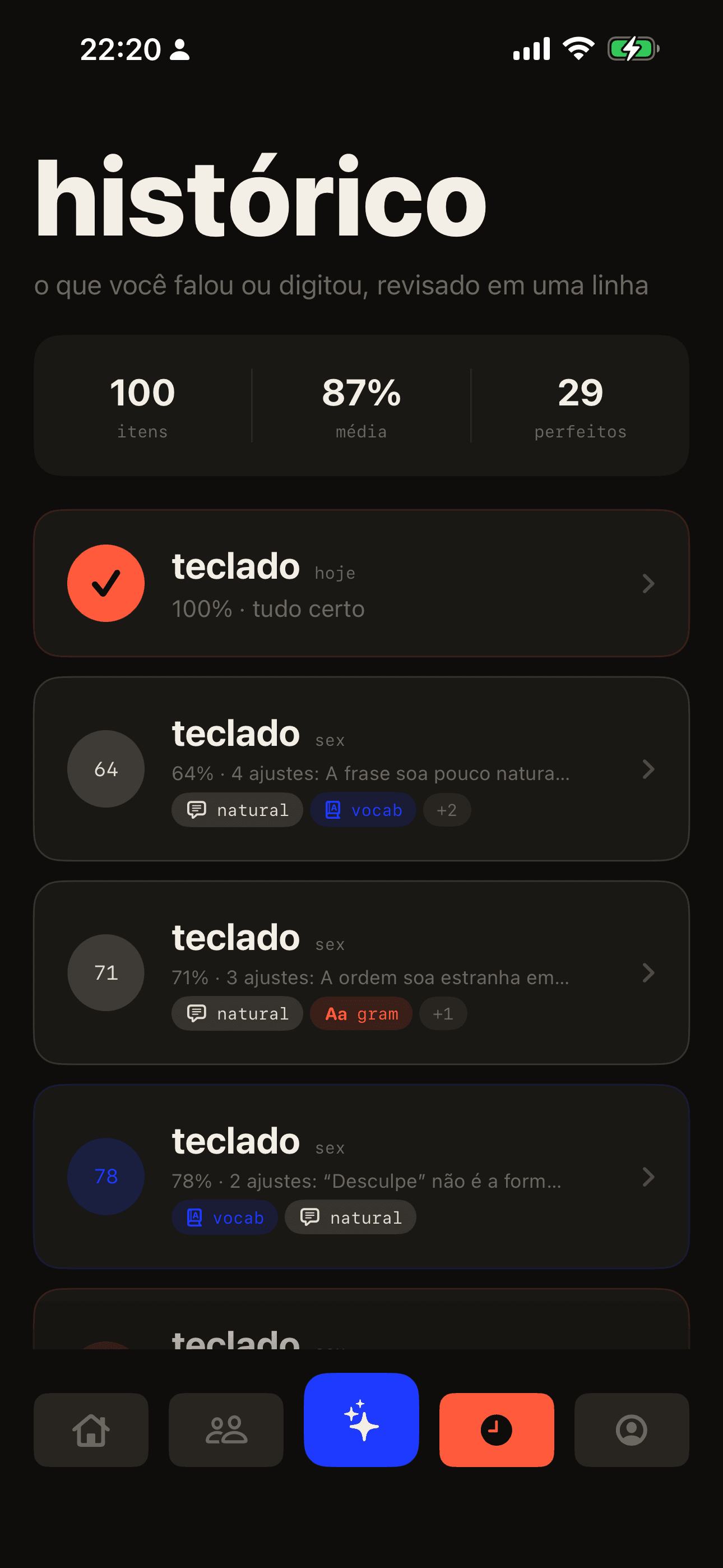 tela do app · sugestão pt → en